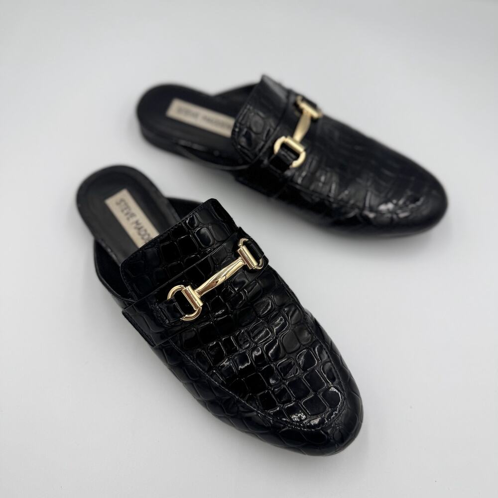 Steve Madden Royals Black Croc Embossed Horsebit Loafer Mule Slide Flat Gold 8 - Picture 7 of 16
